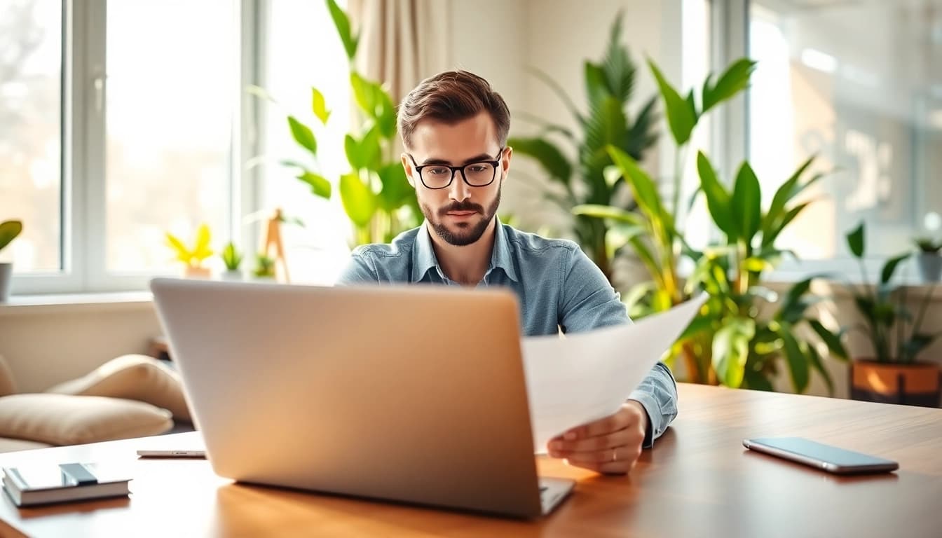 Self employed professional working at a bright home office with a laptop and plants.