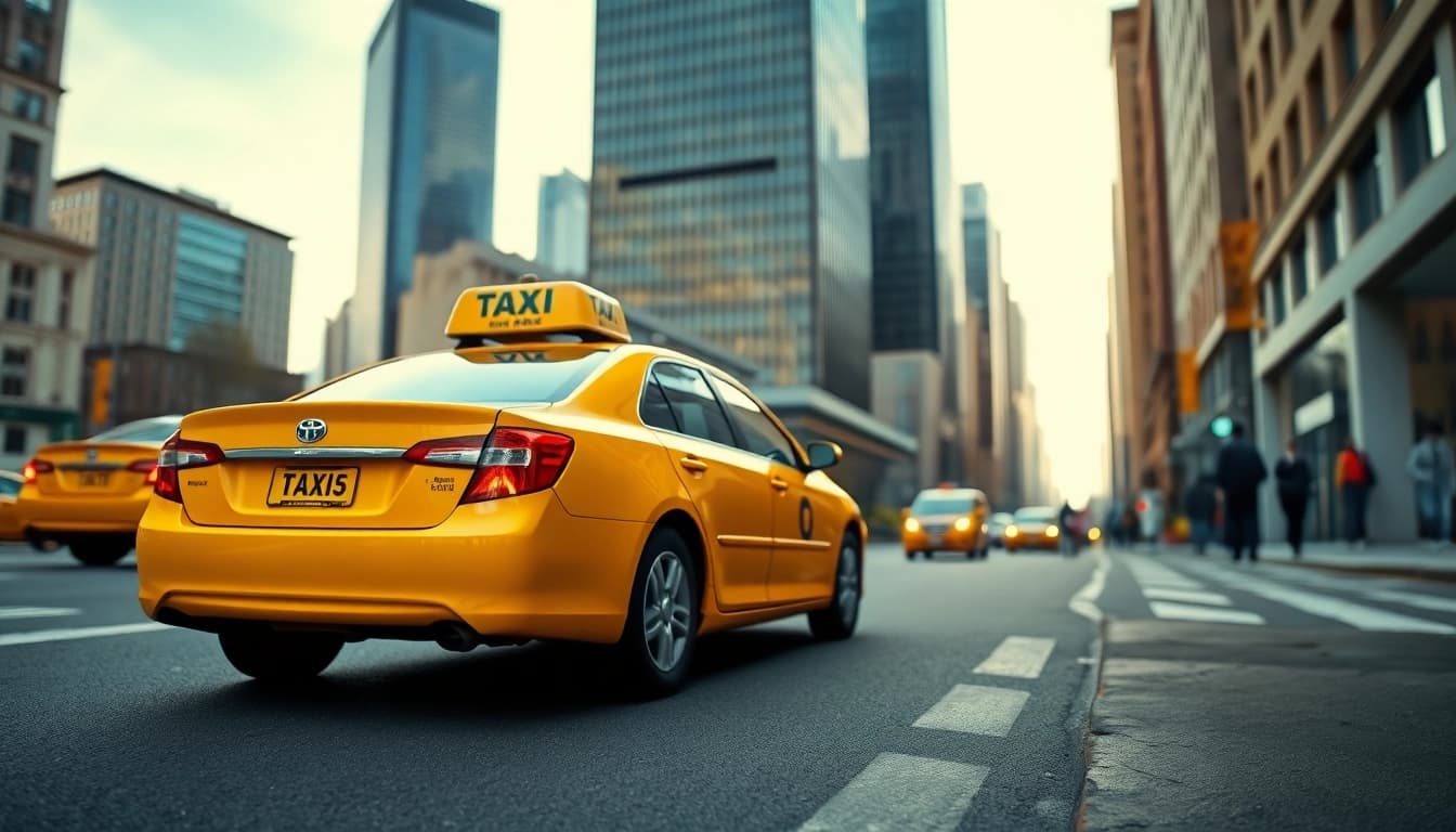 Taxi navigating a vibrant city street surrounded by an energetic urban environment.