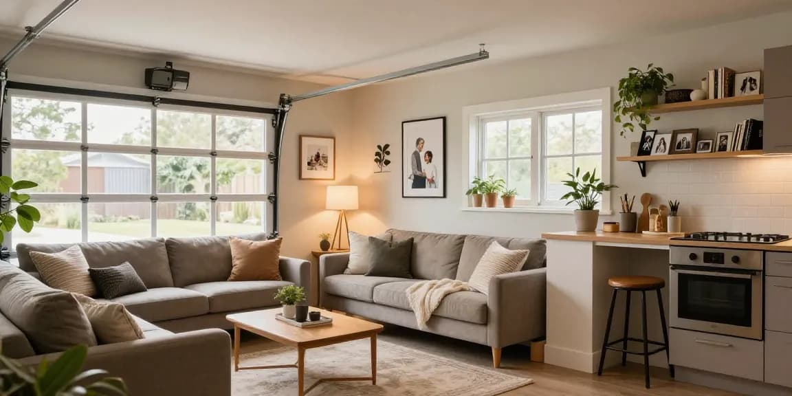 Garage conversions transforming spaces into inviting living areas, showcasing modern design elements and natural light.