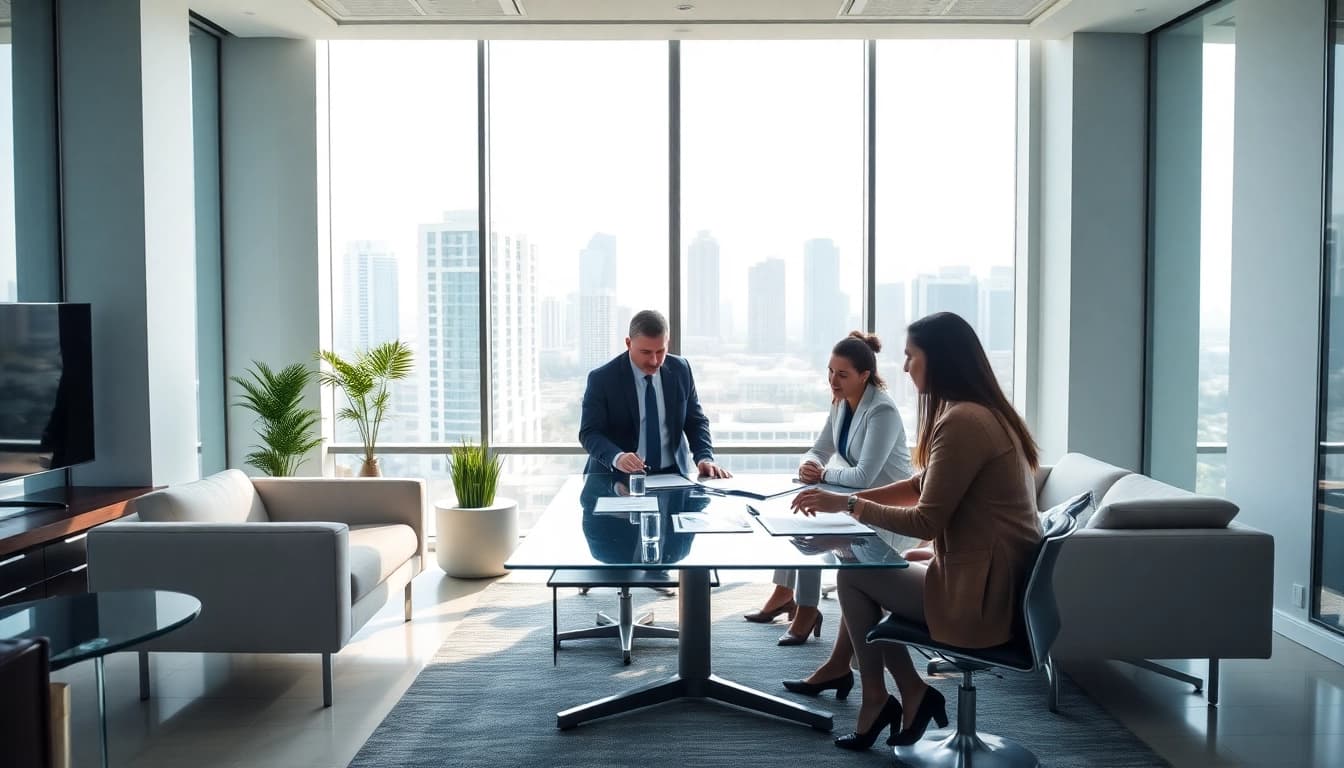 Professional office scene at a law firm in Miami demonstrating collaboration among diverse lawyers.