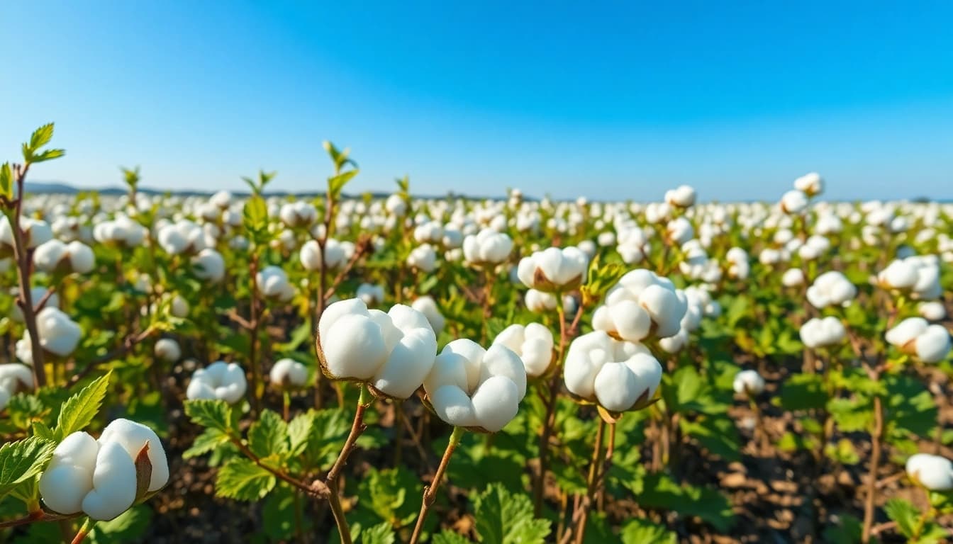 Katoenplanten bloeien onder de zon op een rustige plek.