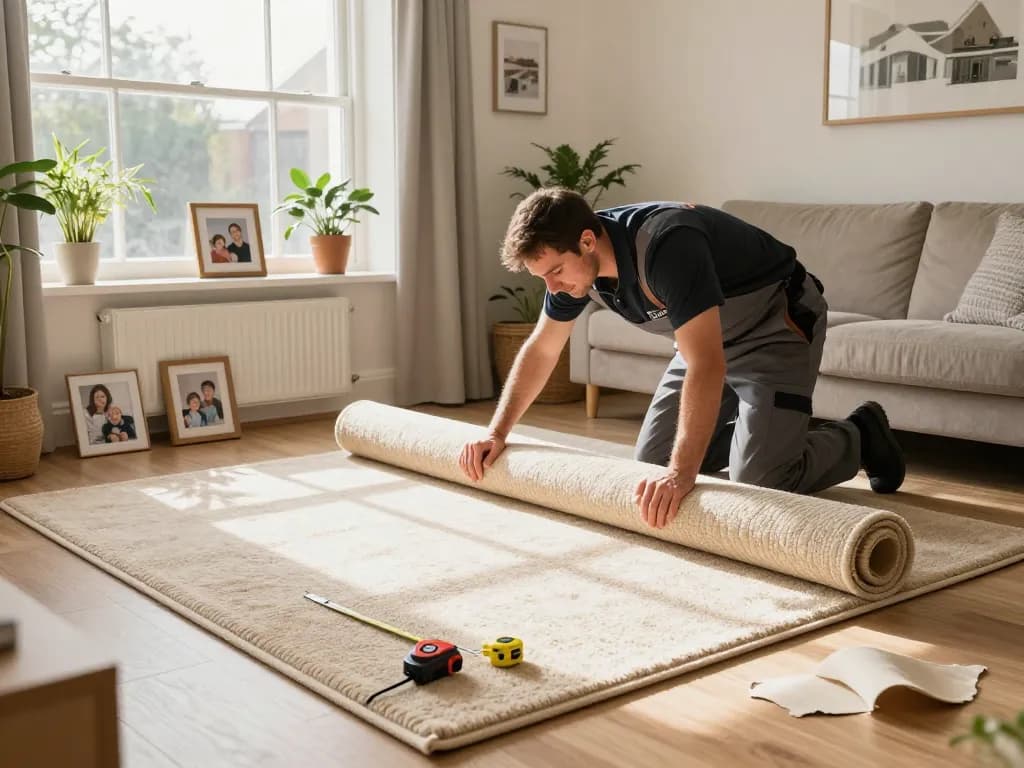 Expert carpet fitting services West London in a sunny living room with professional installer and cozy decor