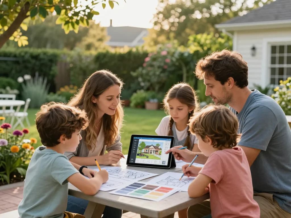 Family using a veranda configurator outdoors to design their dream space.