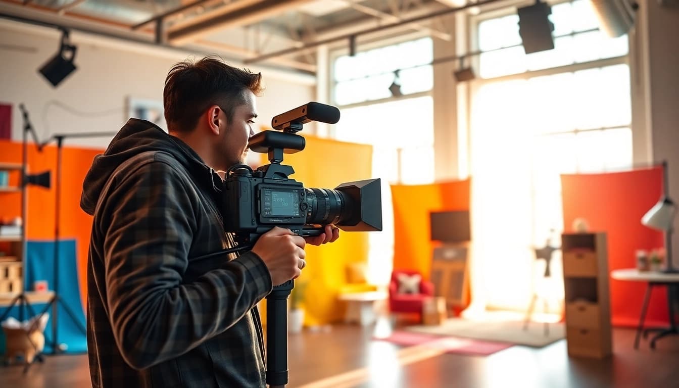Creating branded content with a videographer in a vibrant studio setting.