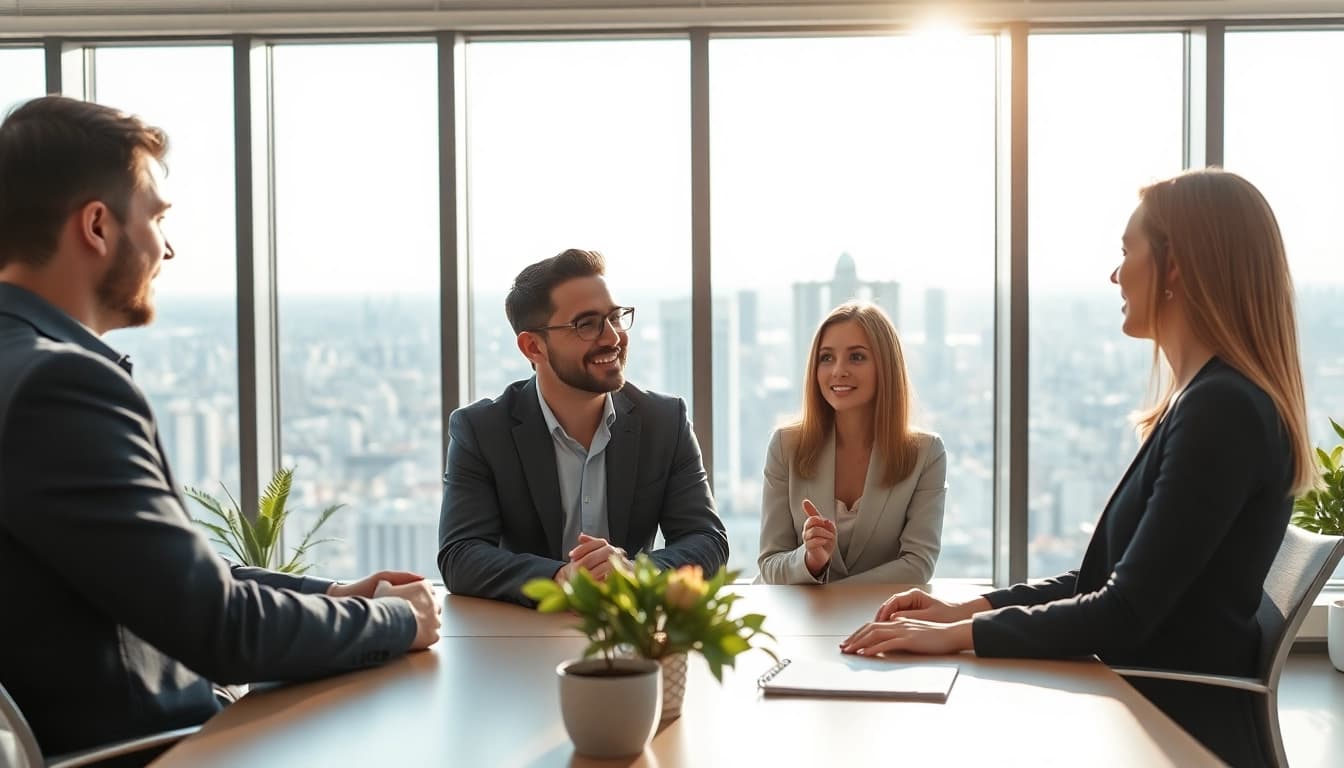 People discussing their Ideal career during a job interview in a bright office.
