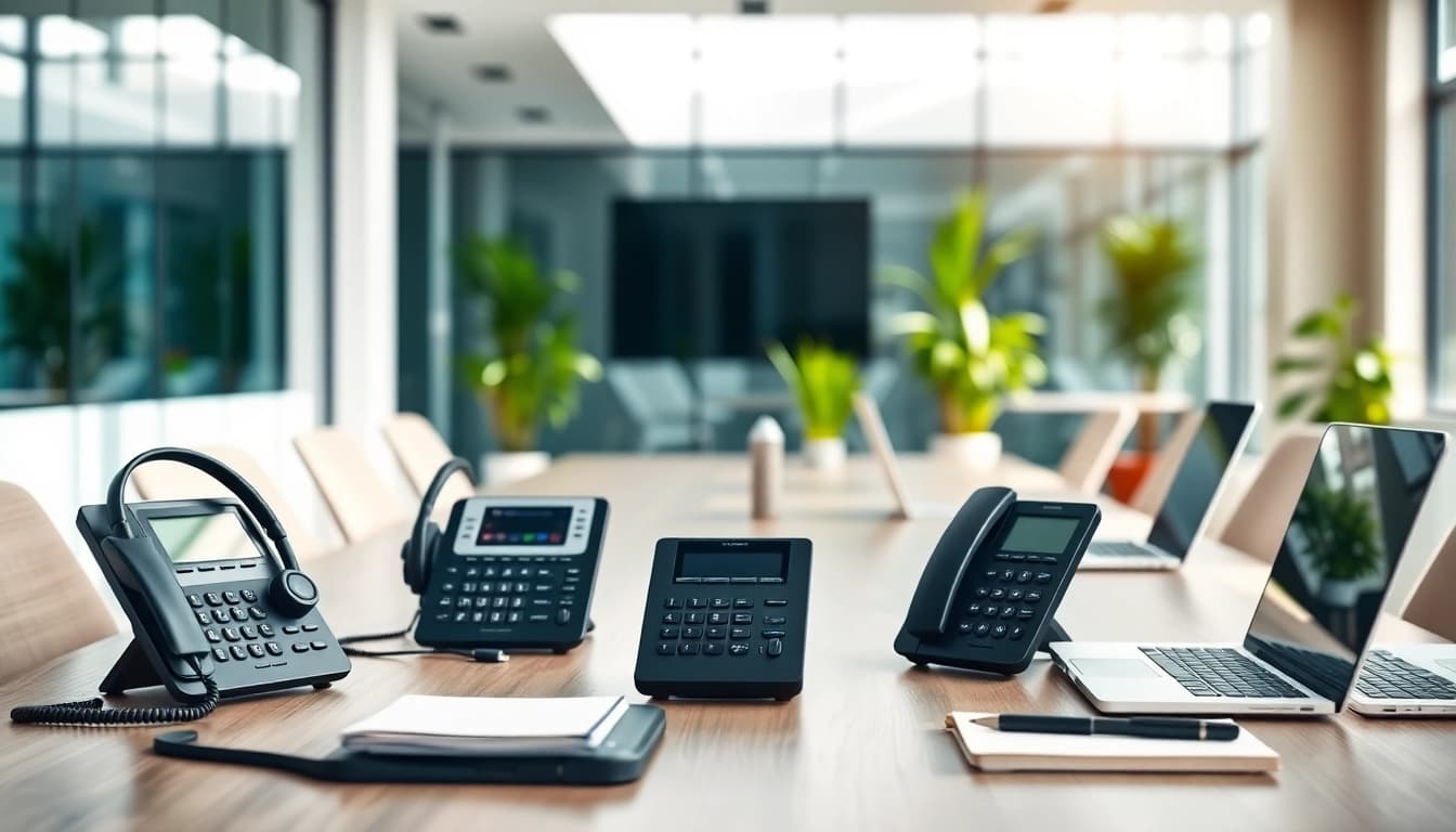 Showcase of business phone systems in a modern office setting with advanced technology.