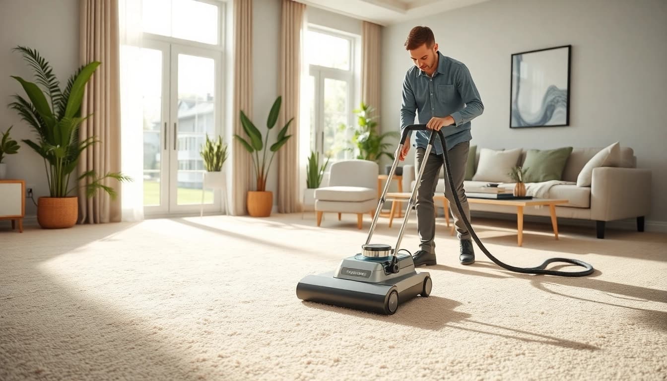 Carpet cleaning in Glasgow, showcasing a technician diligently cleaning a plush carpet in a modern living room.
