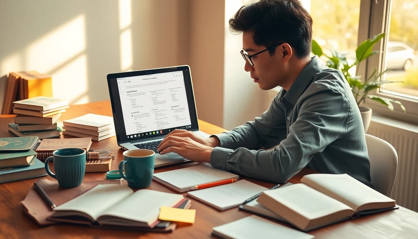 Mastering exam preparation techniques with a focused student at a study desk.
