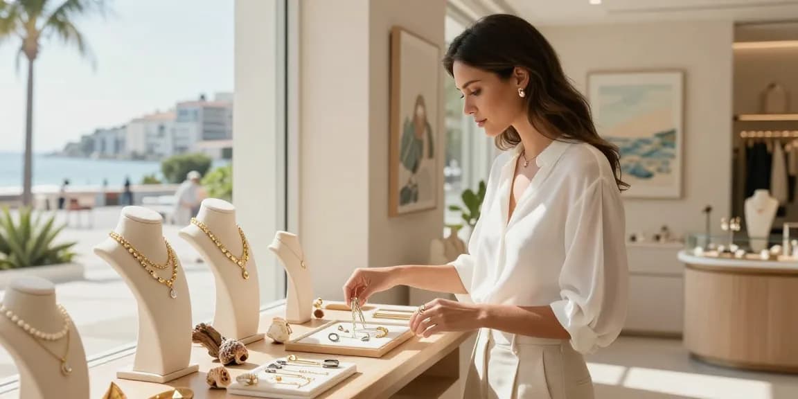 Elegant woman exploring minimalist jewellery uk in a bright boutique with a seaside theme.