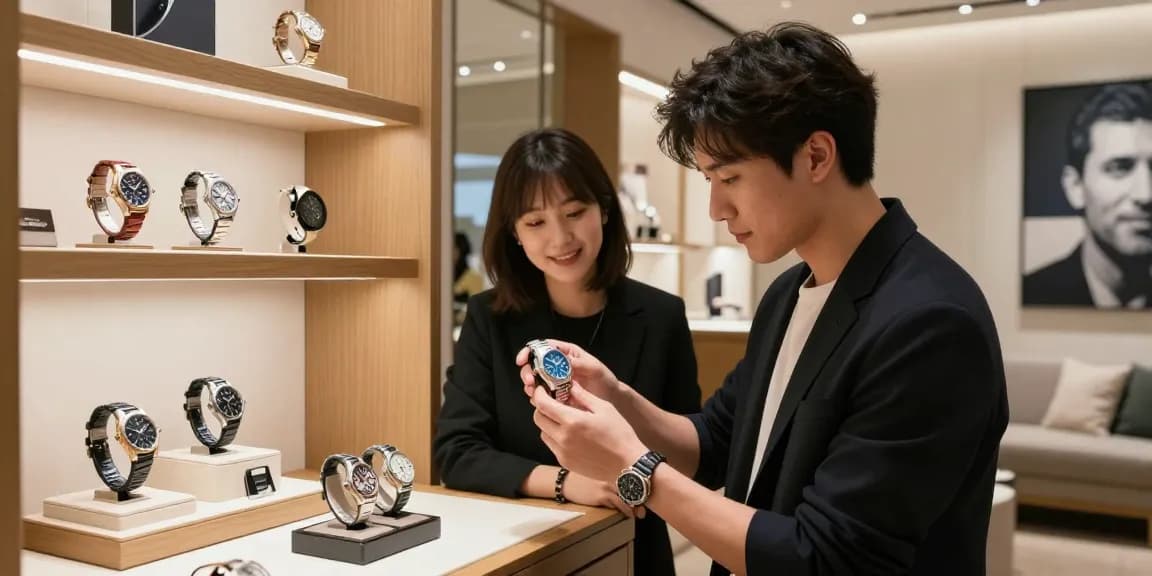 A fashionable person examining a premium replica watch in a stylish boutique, showcasing luxury and attention to detail.