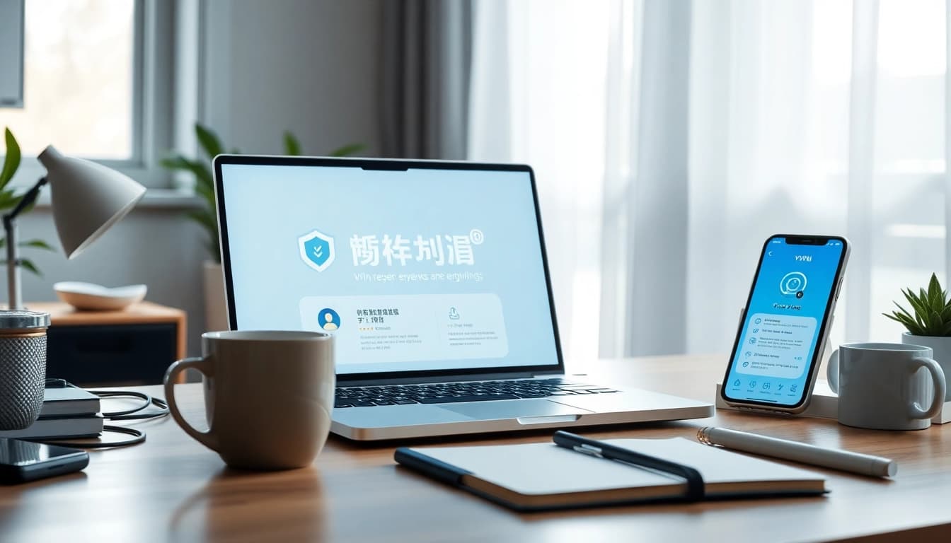快连官网：一个展示笔记本上快连VPN，象征安全与生产力的现代化工作空间。