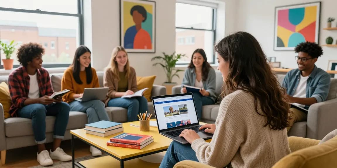 Group of students enjoying time in modern student housing Northampton, showcasing community living and study environment.