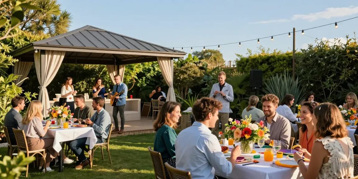 Stylish gazebo hire from https://www.gazebohirelondon.co.uk/ at a vibrant garden party with guests enjoying refreshments and decor.
