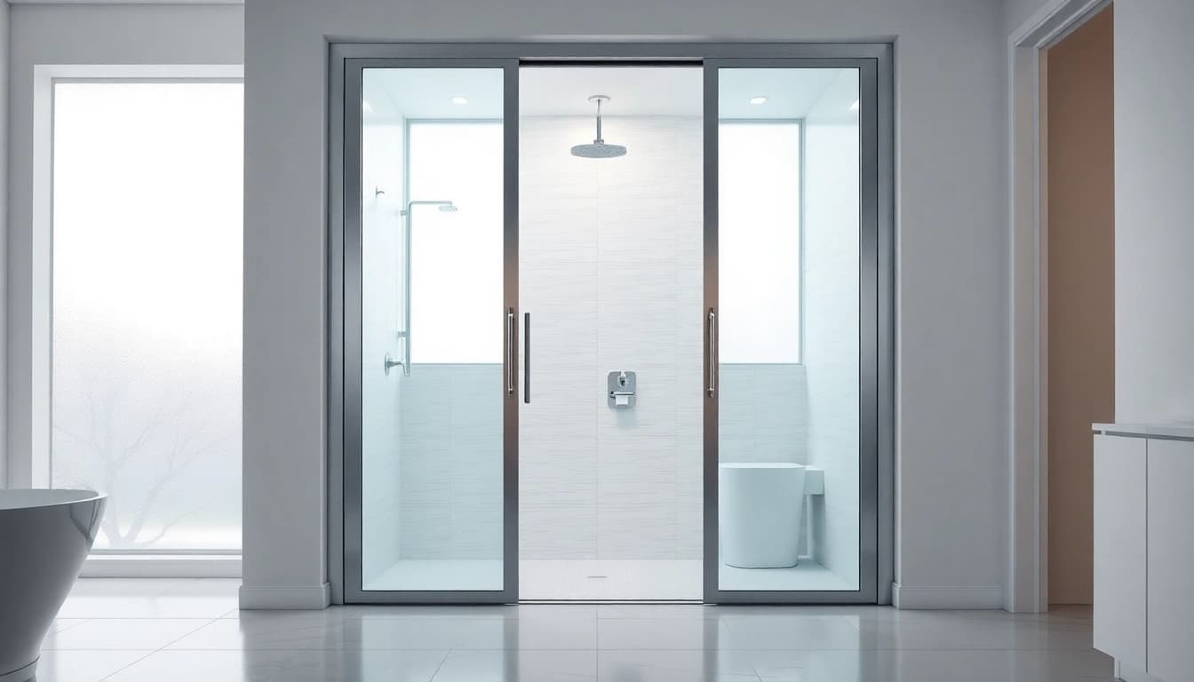 Showcasing sliding shower doors in a modern bathroom, enhancing elegance and functionality.