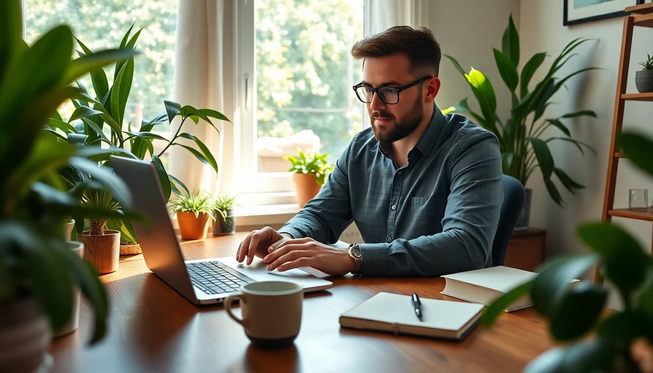 Engaged self employed professional in a warm home office setting, promoting productivity and comfort.