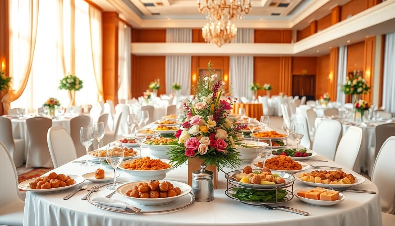 Cateringhirelondon showcases an exquisite catering setup with colorful dishes and elegant table decor.