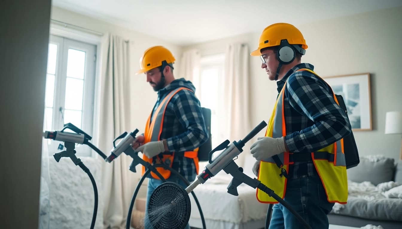 Efficient spray foam removal UK process demonstrated by professionals in a home setting.