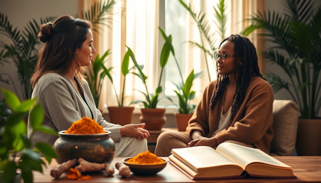 Engaging Ayurveda Consultation with practitioner and client surrounded by herbs, promoting holistic health.