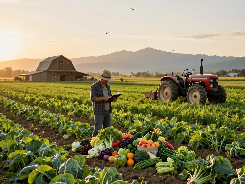 Farmer inspecting crops at https://1gom.farm/ in a vibrant field during sunrise.