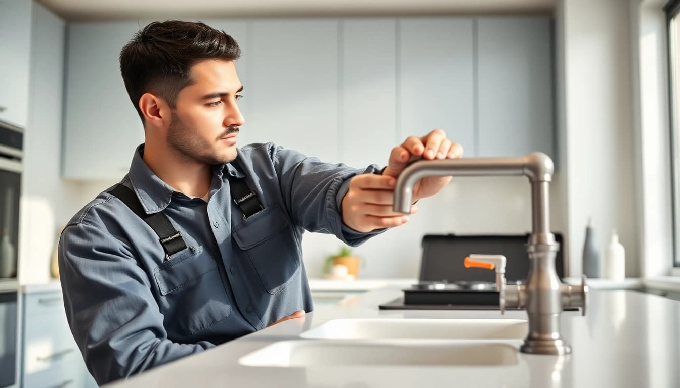 Find skilled plumber near me fixing a modern kitchen faucet with expert precision.