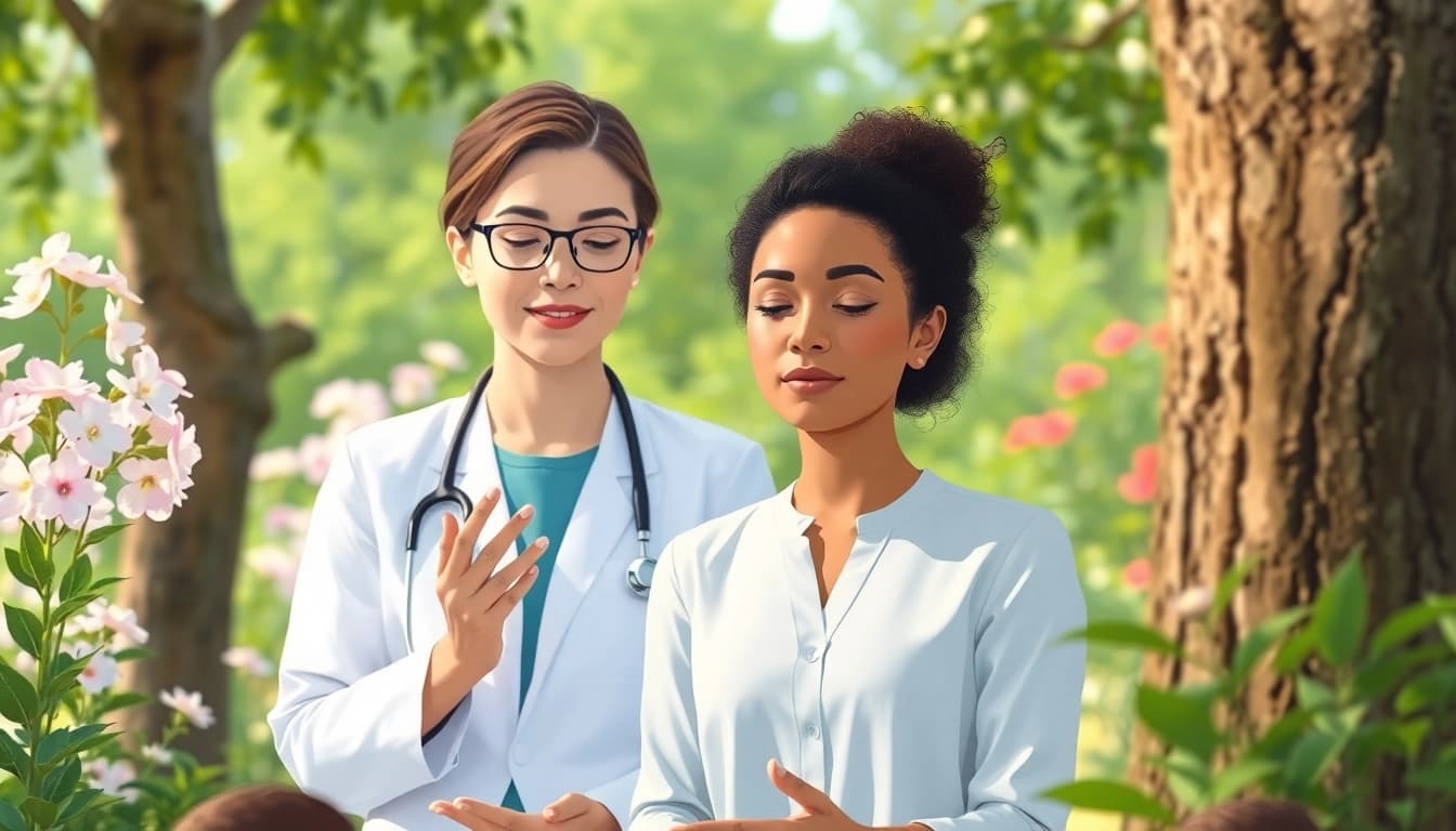 Mental wellness session with a therapist in a calming garden, fostering connection and tranquility.