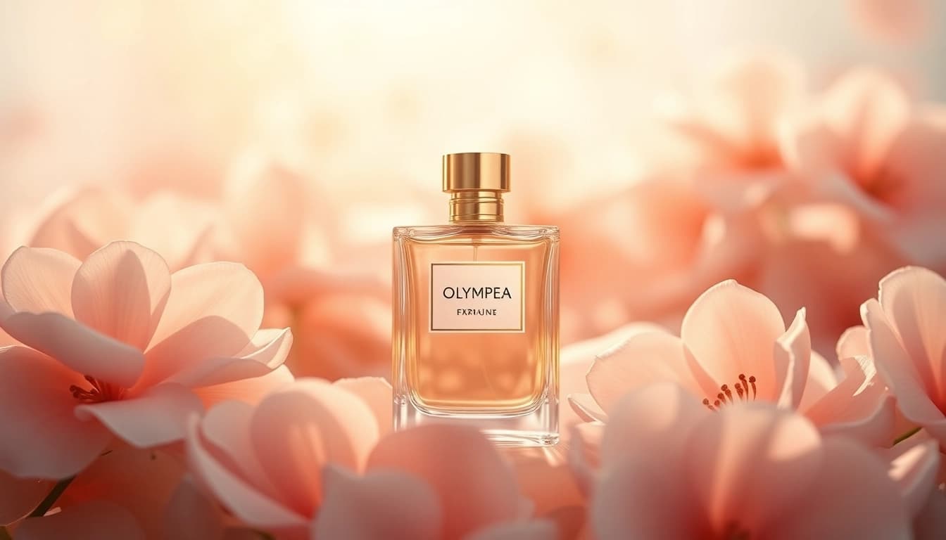 Admire the Olympea perfume bottle surrounded by soft floral details, evoking elegance.