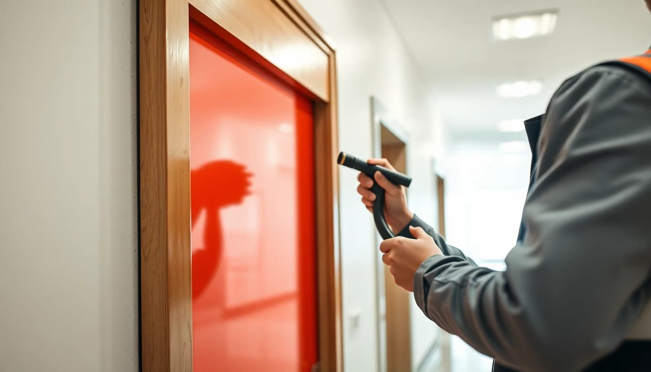 Conducting a fire door inspection with attention to detail and safety compliance.