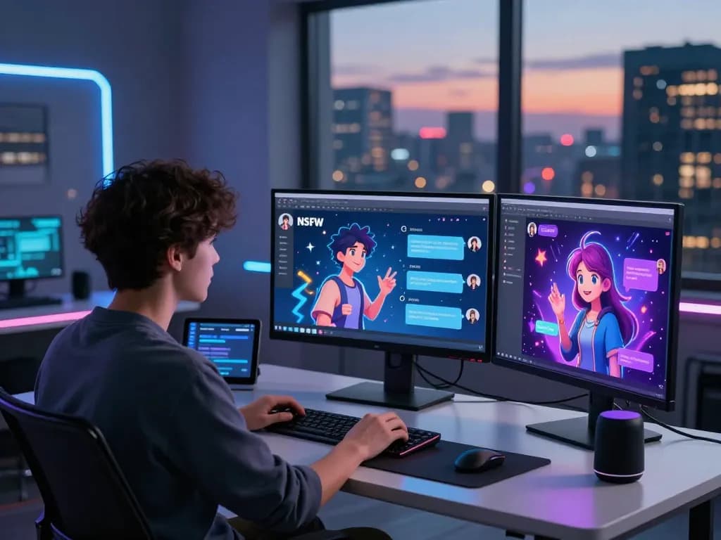 Immersive NSFW AI chat scene with animated character avatars in a tech workspace