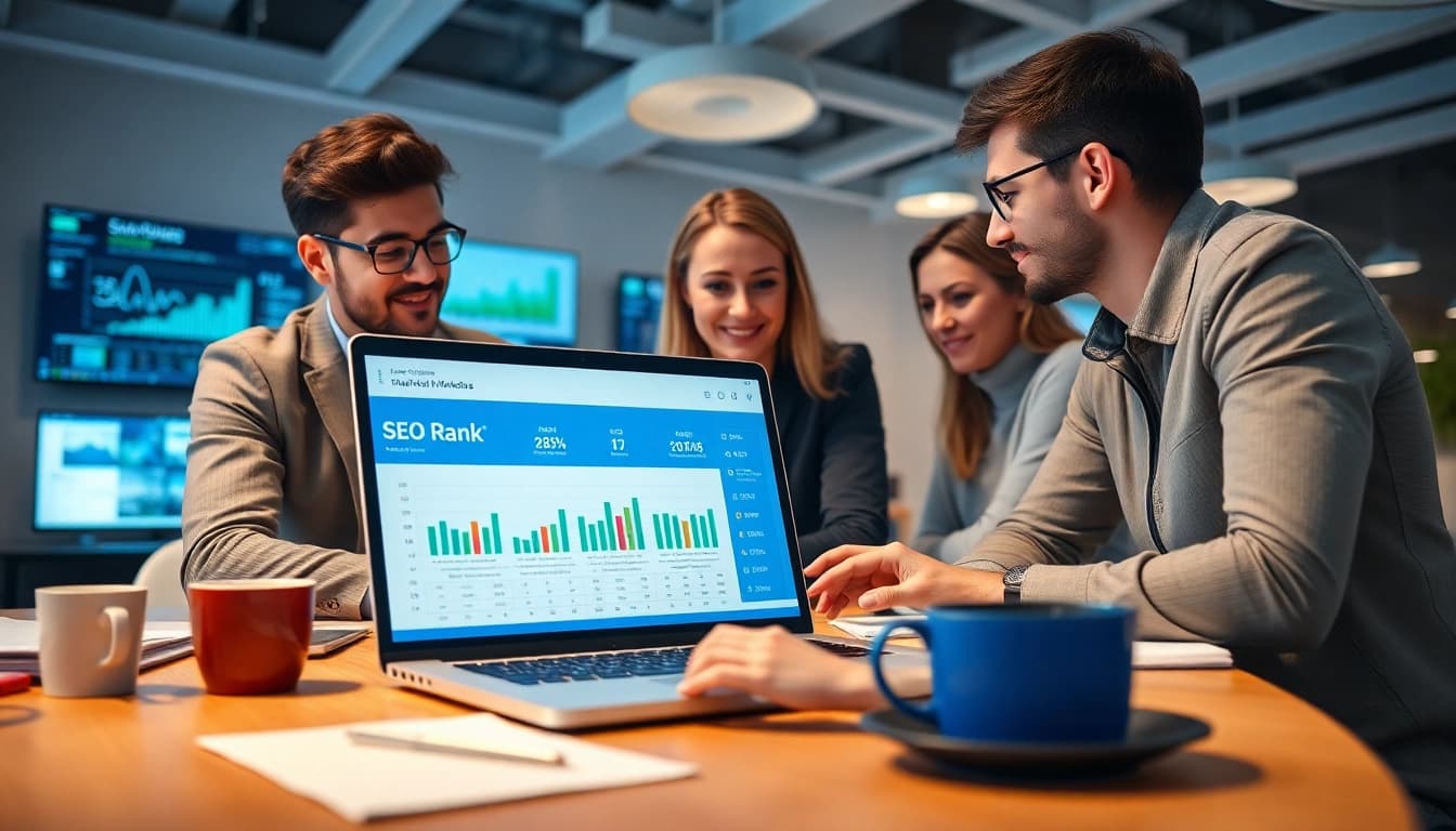 Analyze SEO Rank data with a professional digital marketing team in a modern office.