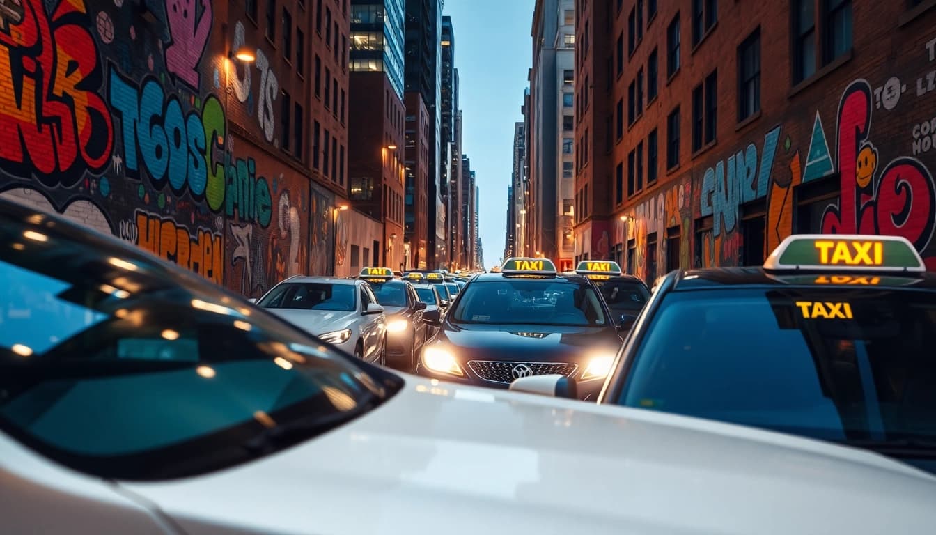 Taxi parked in an urban setting highlighting vibrant street art.