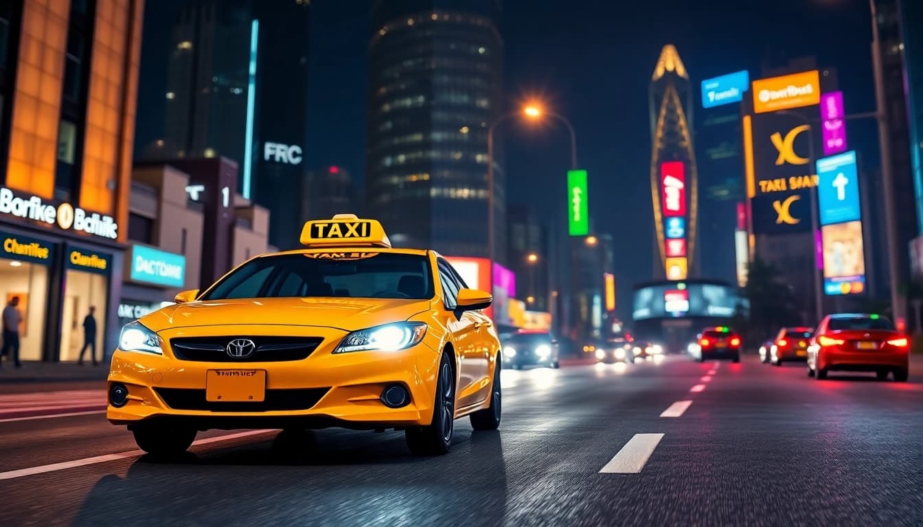 The taxi cab driving through a vibrant city at night with glowing streetlights.