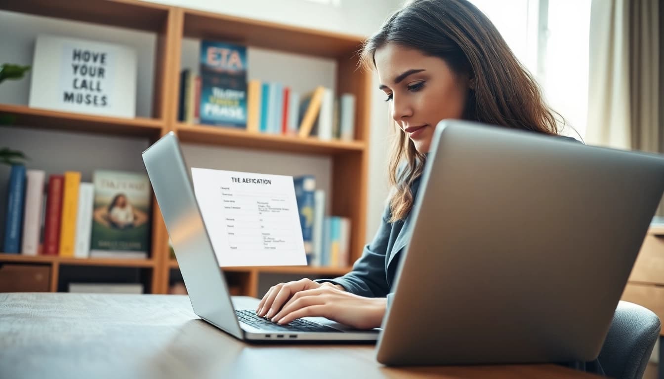 Completing the eta uk application form on a laptop in a stylish home office.