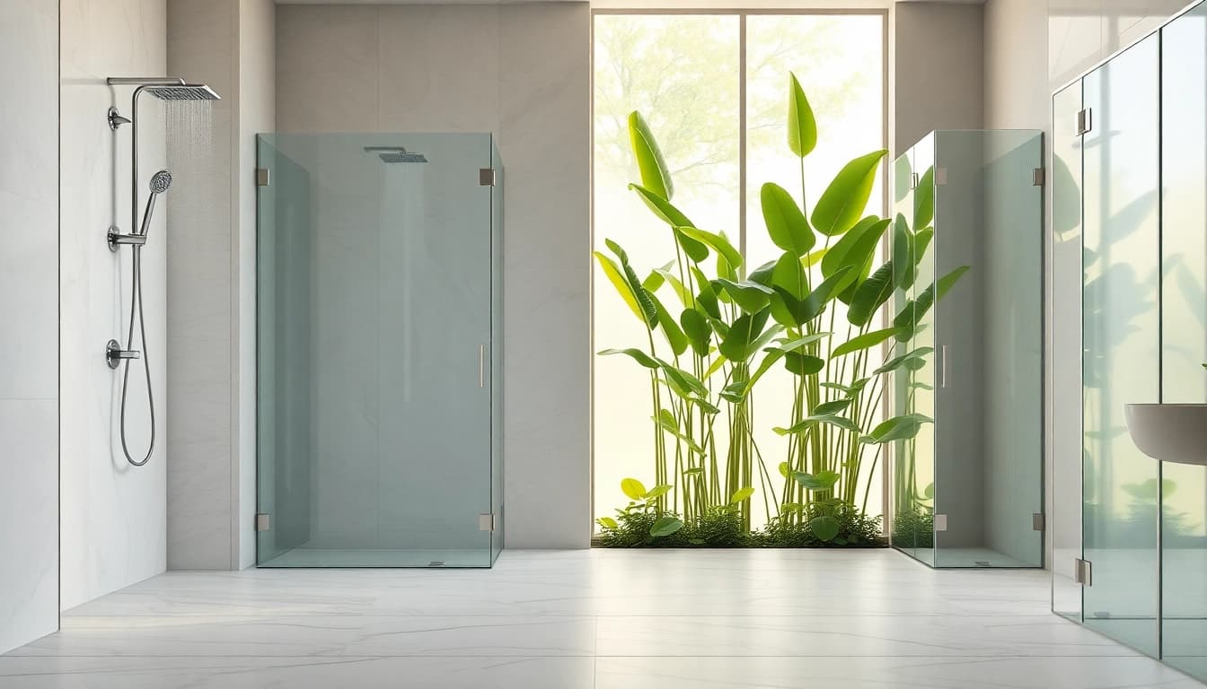 Experience elegant showers with a luxurious modern bathroom design featuring a rainfall showerhead and sleek glass.