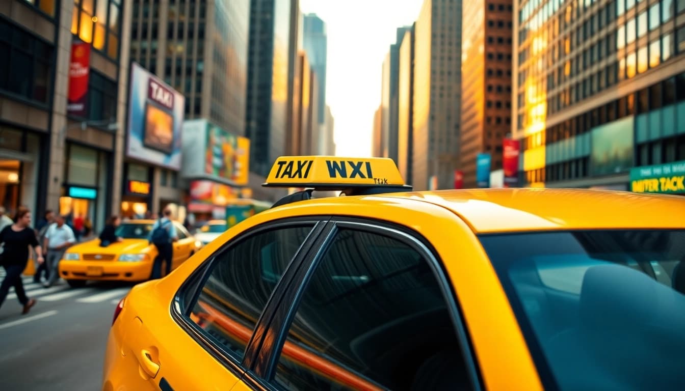 Taxi navigating through a busy urban street amid tall skyscrapers, showcasing vibrant city life.