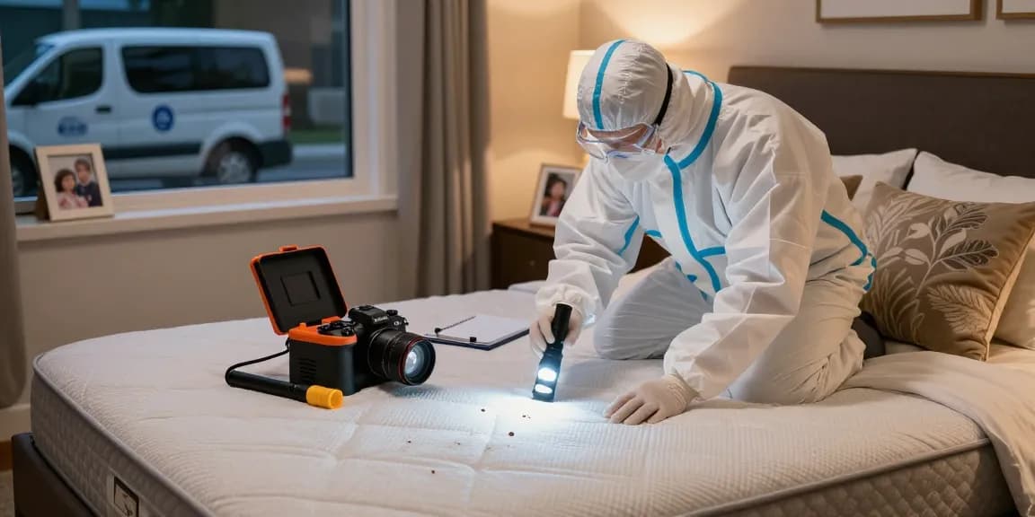 Bed bug exterminator inspecting a residential mattress for pests in a private setting.