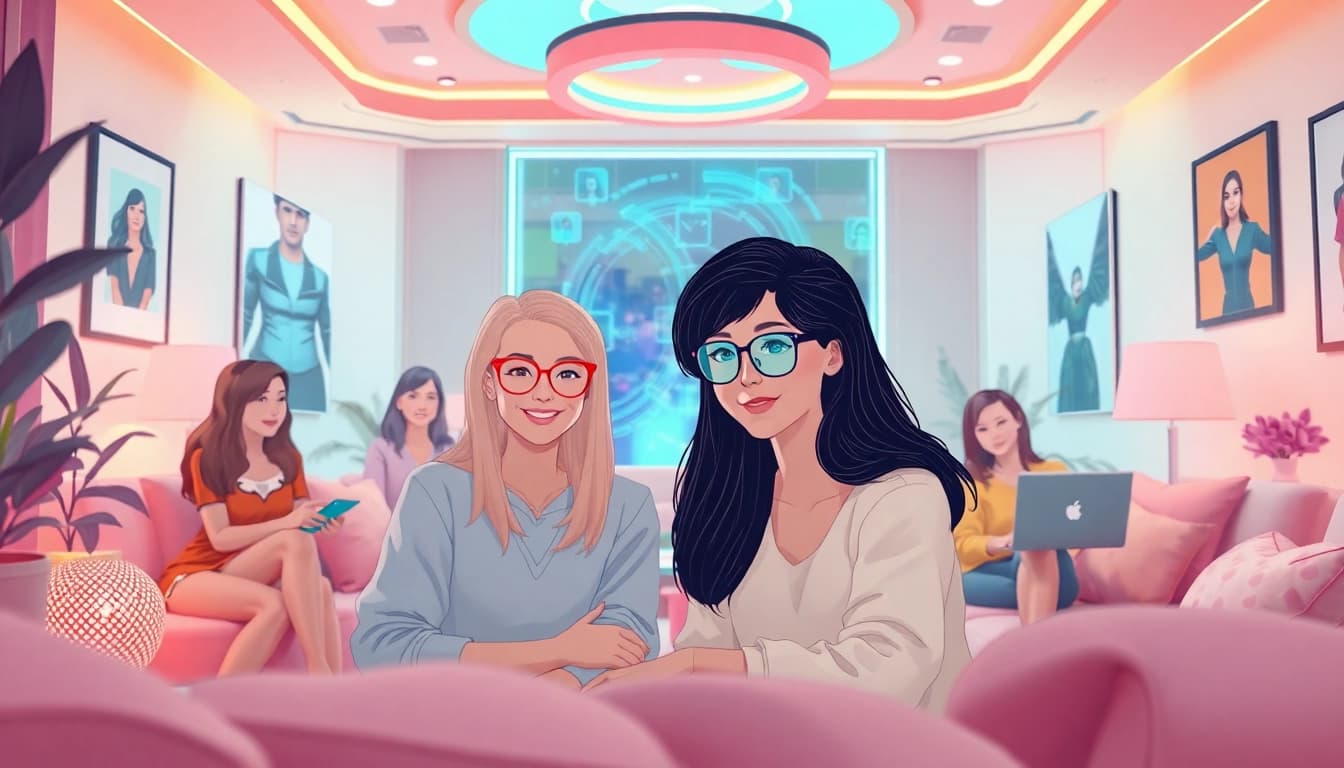 AI girlfriend avatars in a cozy digital lounge with holographic interfaces.