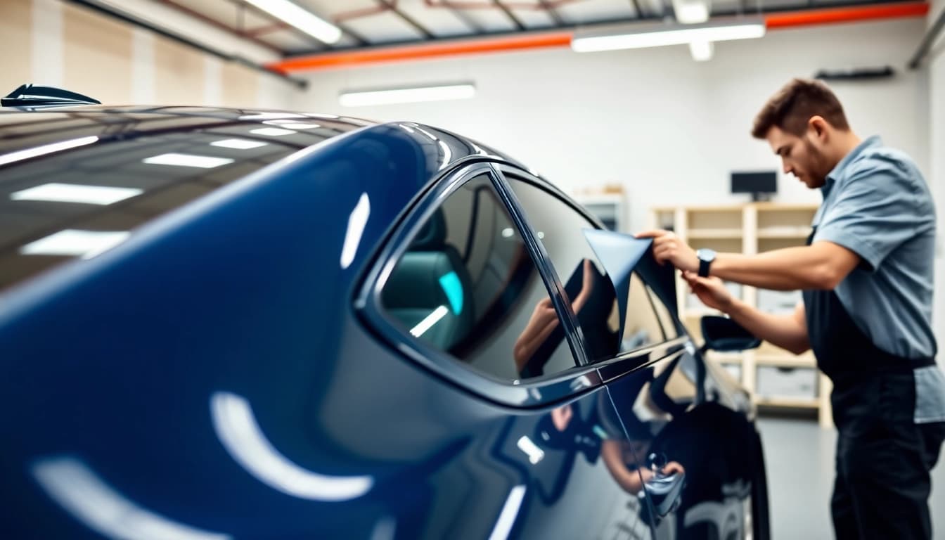 Get premium auto window tint near me applied by a skilled technician in a bright, upscale garage.