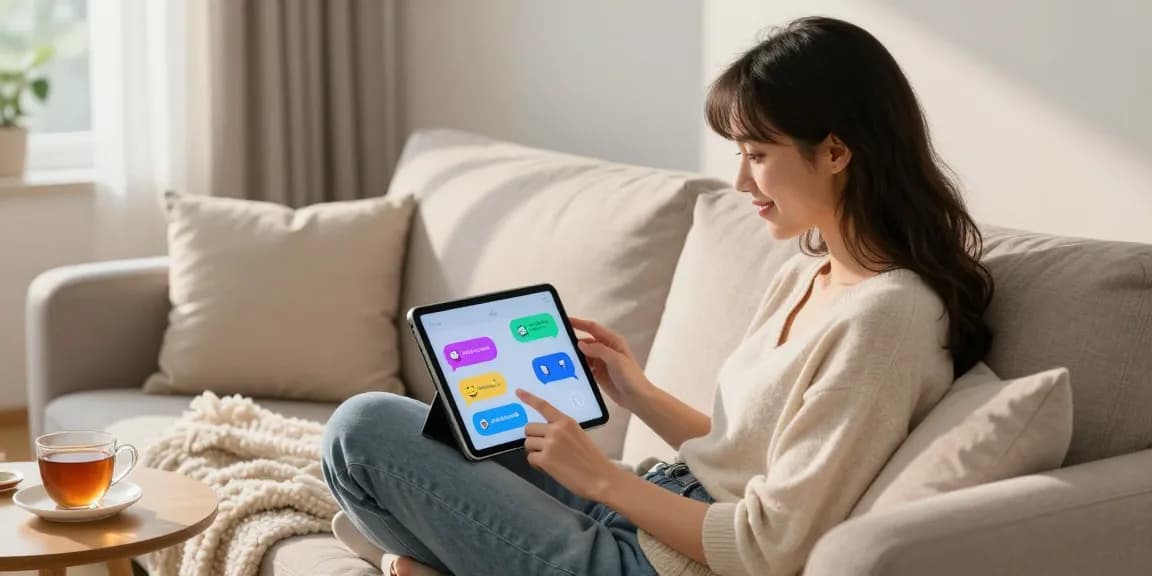 Young woman chatting with her AI girlfriend on a tablet in a cozy living room.
