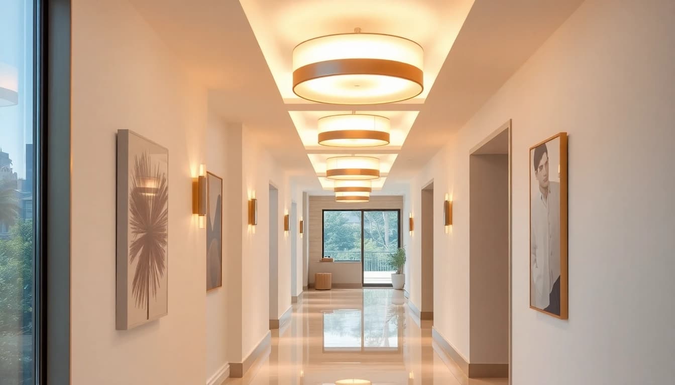 Showcase hallway lighting fixtures enhancing the elegance of a modern corridor with warm metallic tones.