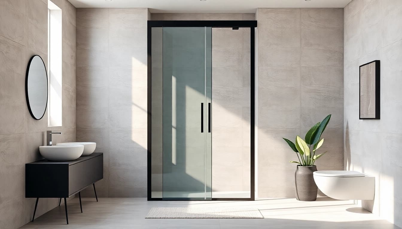 Elegant black shower door enhancing a contemporary bath space with sleek design features.