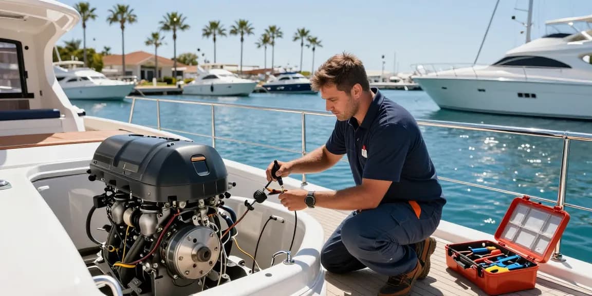 Mobile marine engineer inspecting yacht engine at marina with tools.