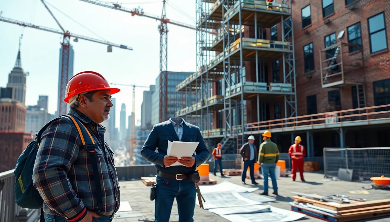 New York City Commercial General Contractor overseeing a bustling construction site in Manhattan.