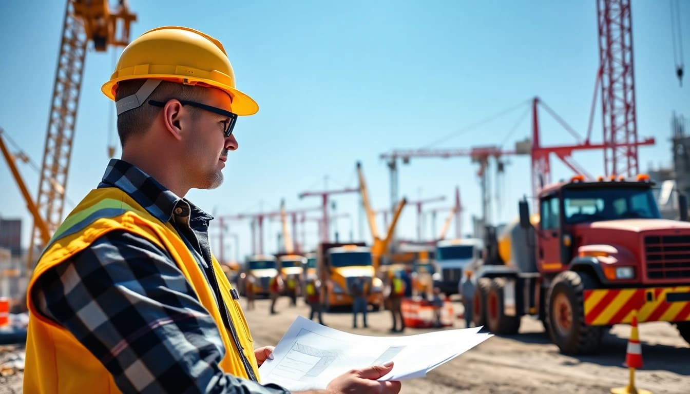 New Jersey General Contractor supervising construction with machinery, team, and plans.