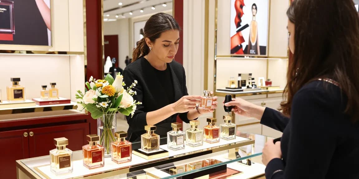 Maison Francis Kurkdjian (MFK) luxury perfume display in an elegant boutique.