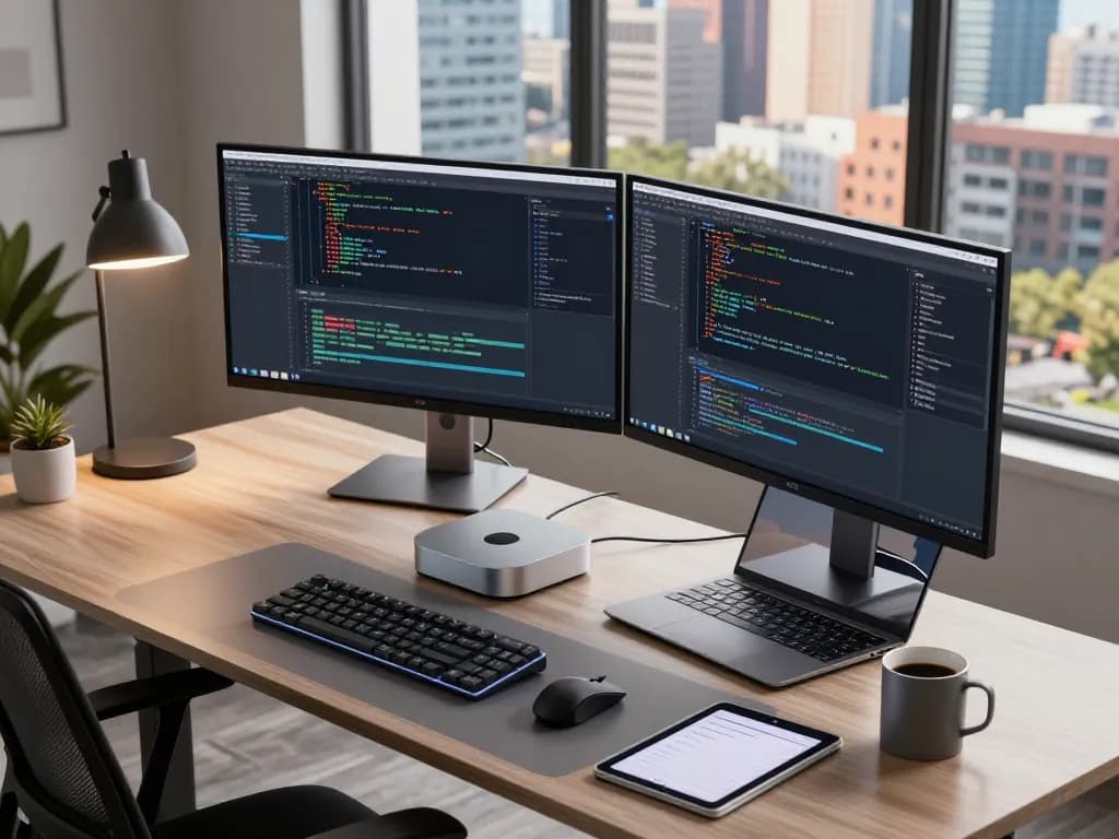 Developer using a Mac mini in a modern workspace filled with code displays and professional tech.