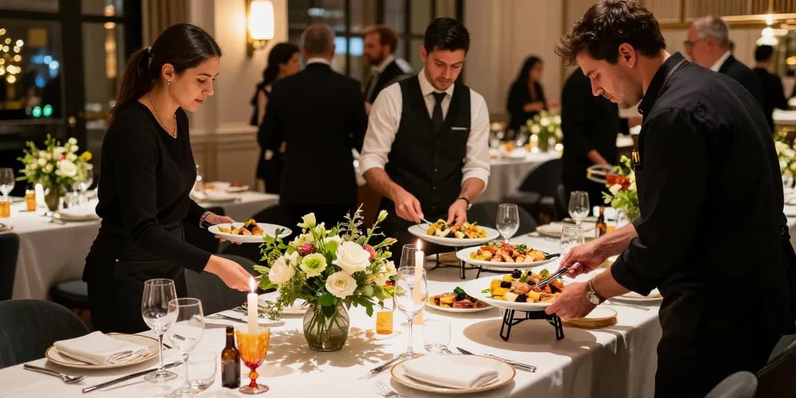 Catering Hire London showcasing an elegant buffet setup with stylish decor and guests enjoying the event atmosphere.