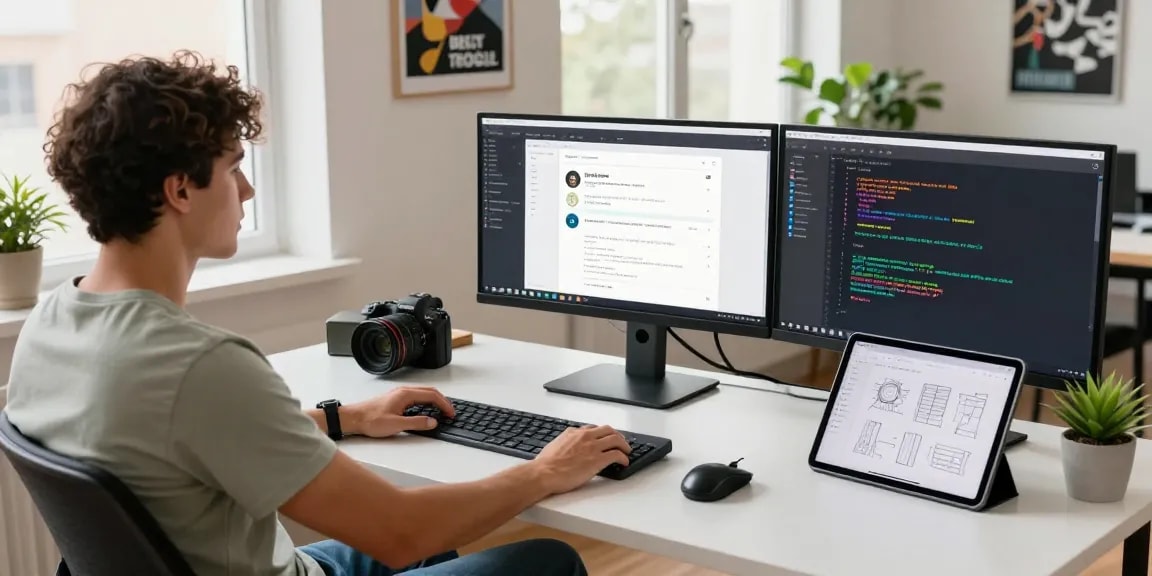 Software engineer utilizing beta tools in a modern workspace, surrounded by monitors and creative designs.