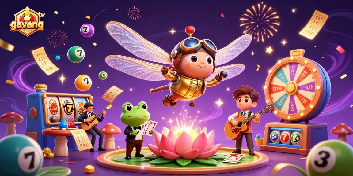 Join the excitement of gavang tv as a frog croupier deals cards amidst lively casino action and celebrations.