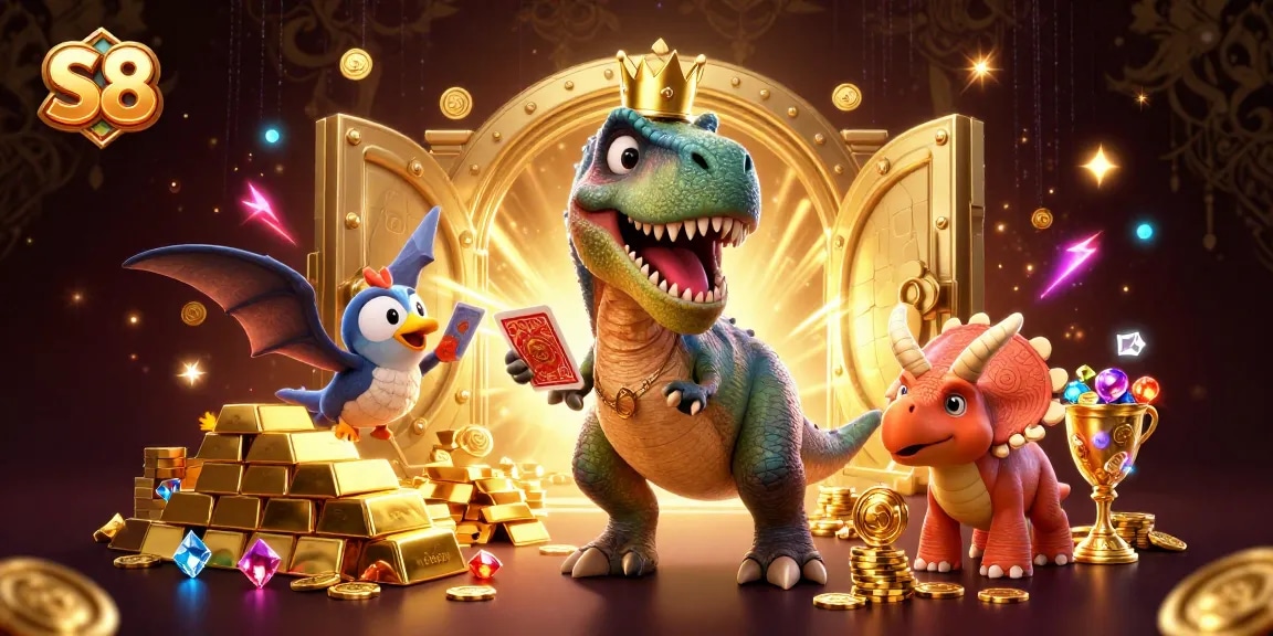 S8 illuminates gambling excitement through cartoon dinosaurs shuffling cards and stacking chips in a vibrant casino