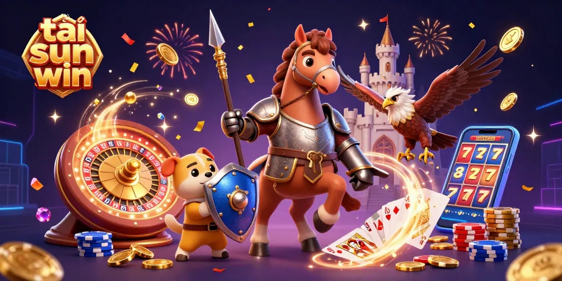 Engage with exciting gameplay at tải sun win, showcasing a knight, puppy, and falcon in a dynamic casino scene.